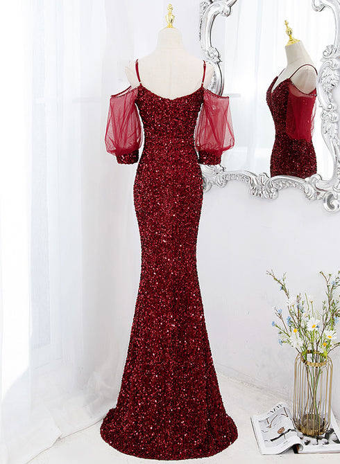 Wine Red Velvet Mermaid Long Party Dress, Wine Red Vekvet Prom Dress