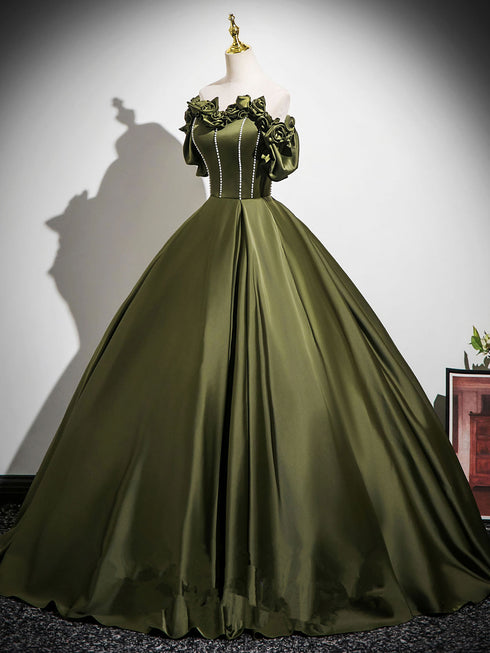 Green Off Shoulder Beaded Floral Floor Length Party Dress, Green Satin Prom Dress Evening Dress