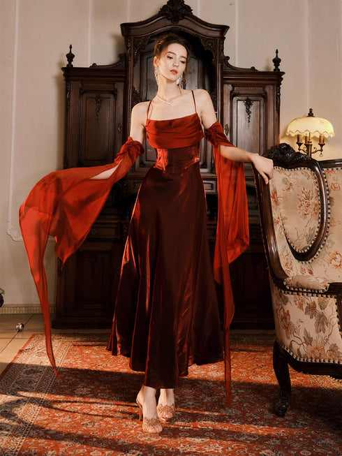 A-line Straps Satin Wine Red Long Party Dress with Sleeves, Wine Red Formal Dress