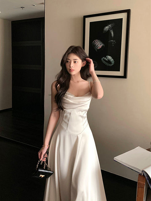 White Satin A-line Straps Floor Length Party Dress, White Wedding Party Dress