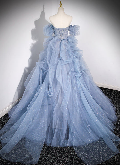 Blue Tulle Long Beaded Off Shoulder Prom Dress, Blue Evening Dress Party Dress