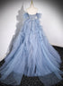 Blue Tulle Long Beaded Off Shoulder Prom Dress, Blue Evening Dress Party Dress