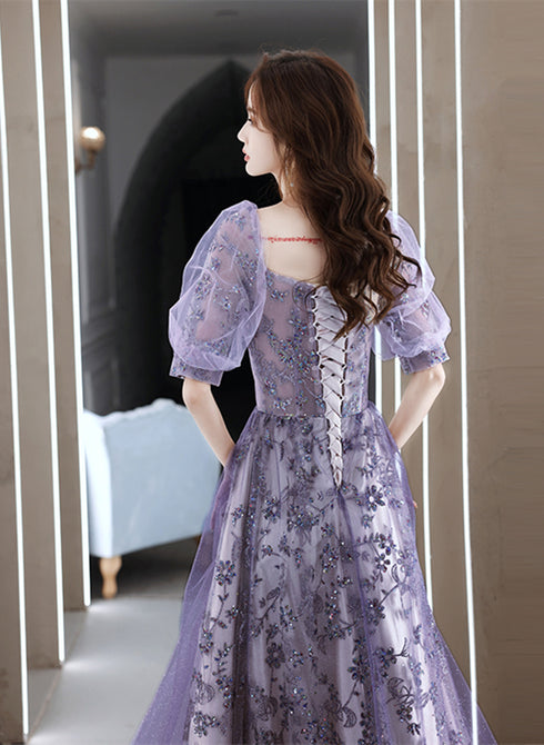 Purple Short Sleeves Tulle Sweetheart Party Dress, A-line Purple Tulle Prom Dress