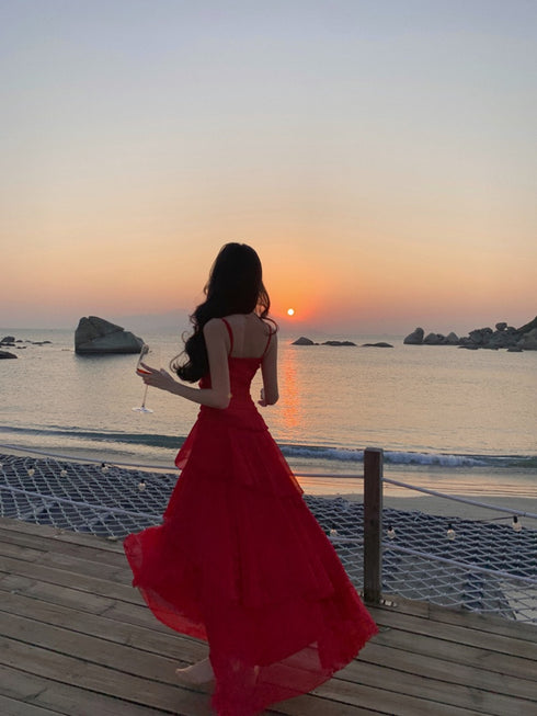 Red Chiffon Sweetheart Straps Layers Party Dress, Red Chiffon Evening Dress Prom Dress