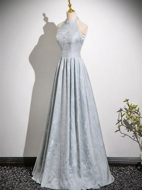 A-line Sliver-Grey Floor Length Satin Prom Dress, A-line Halter Evening Dress Prom Dress