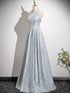 A-line Sliver-Grey Floor Length Satin Prom Dress, A-line Halter Evening Dress Prom Dress