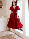 Wine Red Satin V-neckline Tea Length Party Dress, Wine Red Homecoming Dress