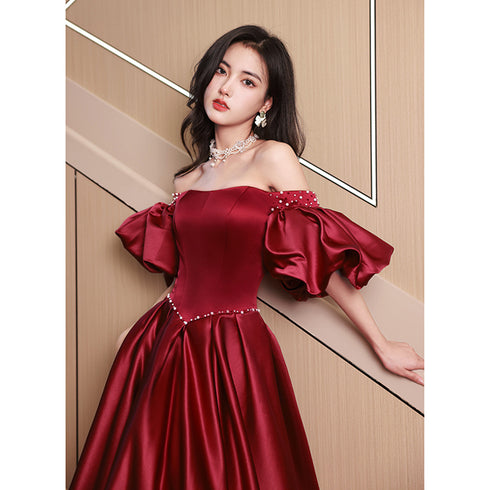 Wine Red Satin Beaded Chic Long Party Dress, Wine Red Puffy Sleeves Prom Dress