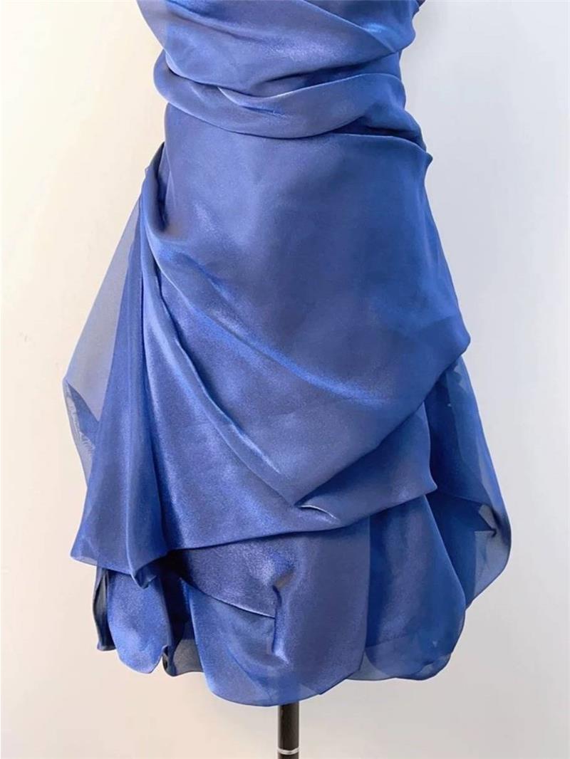 Blue Satin Party Dress Simple Halter Backless Homecoming Dress, DP2245