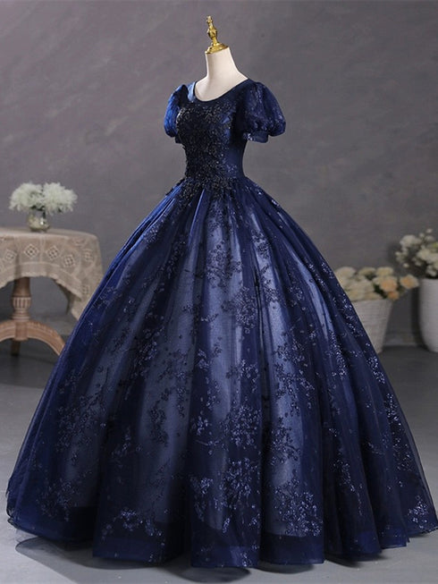 Navy Blue Ball Gown Round Neckline Short Sleeves Party Dress, Navy Blue Tulle Prom Dress