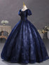 Navy Blue Ball Gown Round Neckline Short Sleeves Party Dress, Navy Blue Tulle Prom Dress