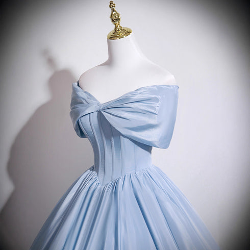 A-line Light Blue Satin Off Shoulder Prom Dress, Light Blue Sweetheart Formal Gowns