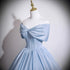 A-line Light Blue Satin Off Shoulder Prom Dress, Light Blue Sweetheart Formal Gowns
