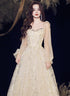 A-line Champagne Tulle Long Evening Dress Party Dress, Champagne Prom Dress