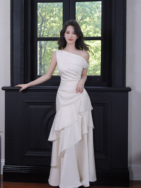 White Satin Layers Long Graduation Dress, White Floor Length Wedding Party Dress