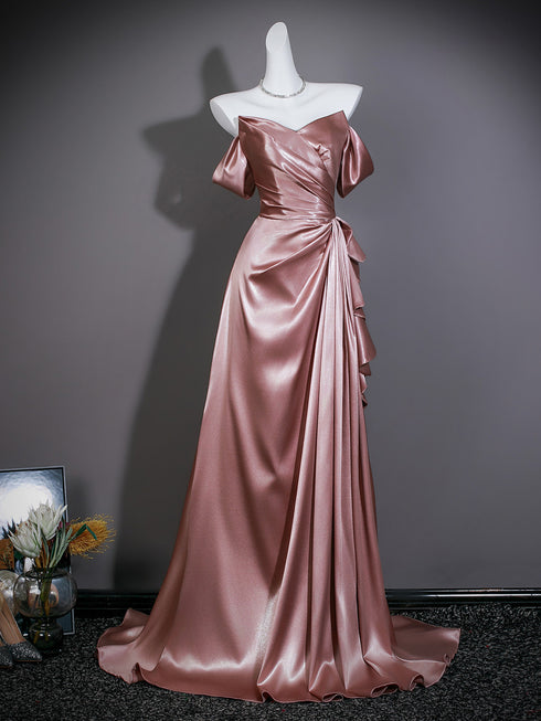 Pink Satin V-neckline A-line Long Formal Dress, Pink Off Shoulder Satin Evening Dress Prom Dress