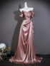 Pink Satin V-neckline A-line Long Formal Dress, Pink Off Shoulder Satin Evening Dress Prom Dress