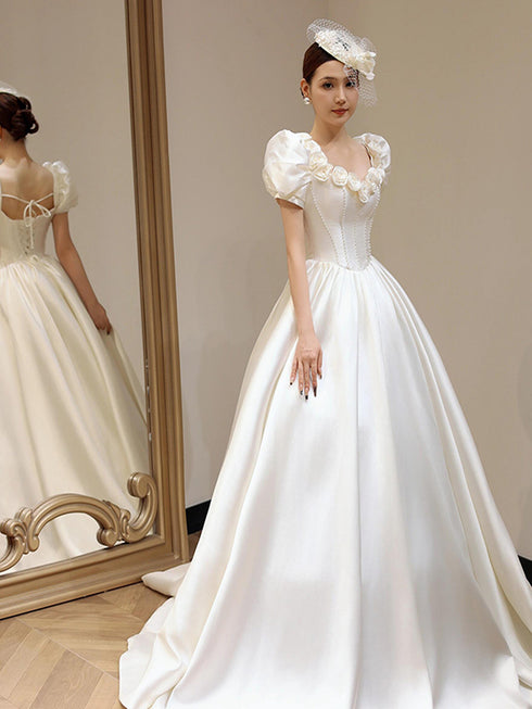 White Satin Short Sleeves Beaded Flowers Long Party Dress, White Satin Prom Dress