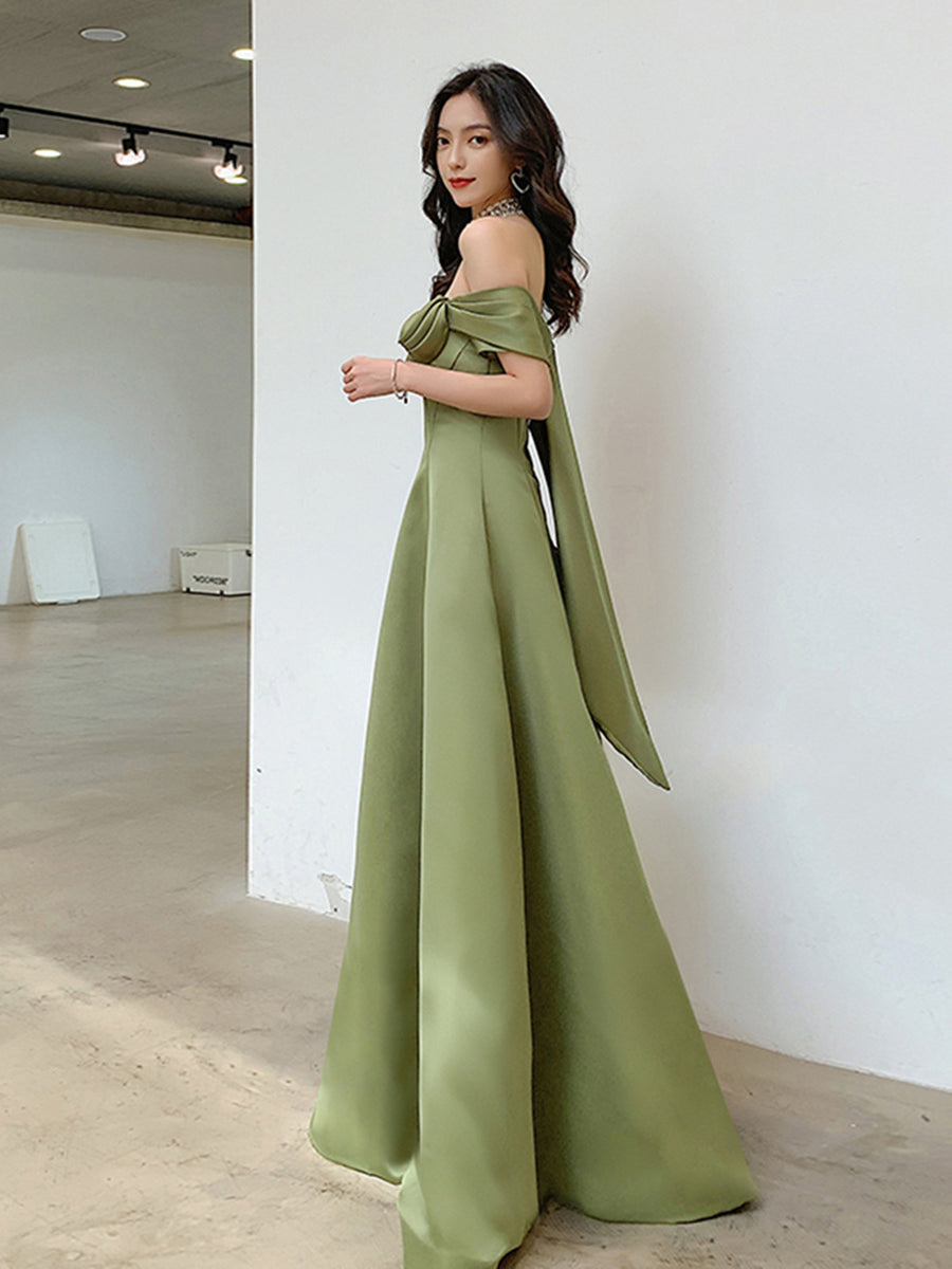 A-line Green Satin Off Shoulder Long Party Dress, Green Floor Length E