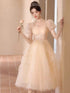 Sparkly Champagne Tulle Prom Dress with Puff Sleeves, Fairy Tea-Length Bridesmaid Homecoming Party Dress