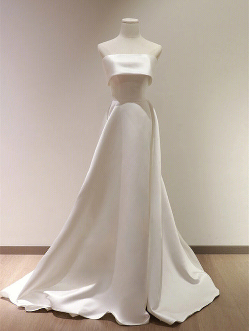 White Satin Strapless A-line Long Formal Dress, White Satin Wedding Party Dress