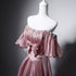 Pink Beaded Satin Off Shoulder Scoop Long Prom Dress, Pink A-line Wedding Party Dress