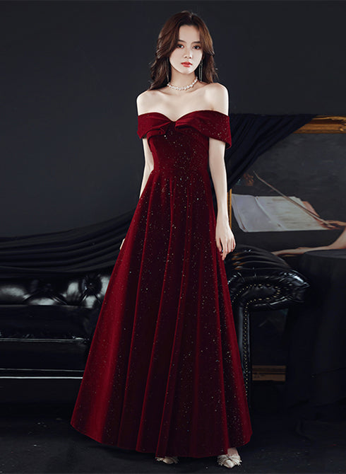 Wine Red Velvet Off Shoulder Long Party Dress, A-line Wine Red Prom Dress Evening Dress