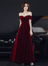 Wine Red Velvet Off Shoulder Long Party Dress, A-line Wine Red Prom Dress Evening Dress