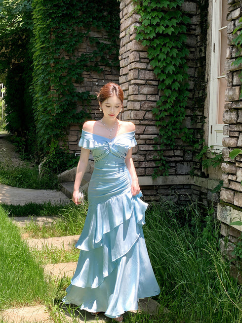 Light Blue Off Shoulder Sweetheart Long Formal Dress, Light Blue Ruffled Floor Length Party Dress