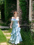 Light Blue Off Shoulder Sweetheart Long Formal Dress, Light Blue Ruffled Floor Length Party Dress