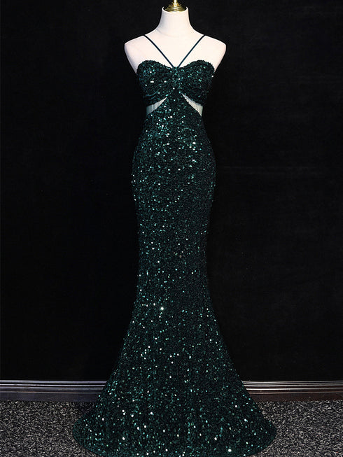 Green Mermaid Straps Sweetheart Floor Length Prom Dress, Green Sequins Long Party Dress