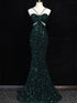 Green Mermaid Straps Sweetheart Floor Length Prom Dress, Green Sequins Long Party Dress