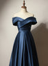 A-line Navy Blue Satin Long Party Dress, Navy Blue Prom Dress