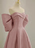 Pink Off Shoulder Satin Long Simple Party Dress, Pink Satin Prom Dress