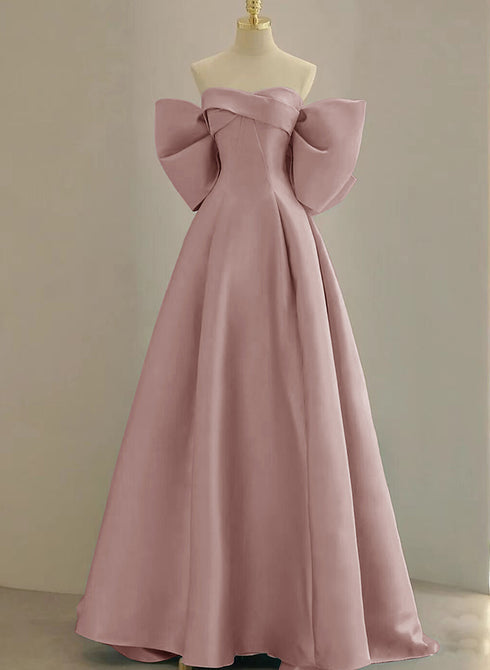 Pink Off Shoulder Satin Long Simple Party Dress, Pink Satin Prom Dress