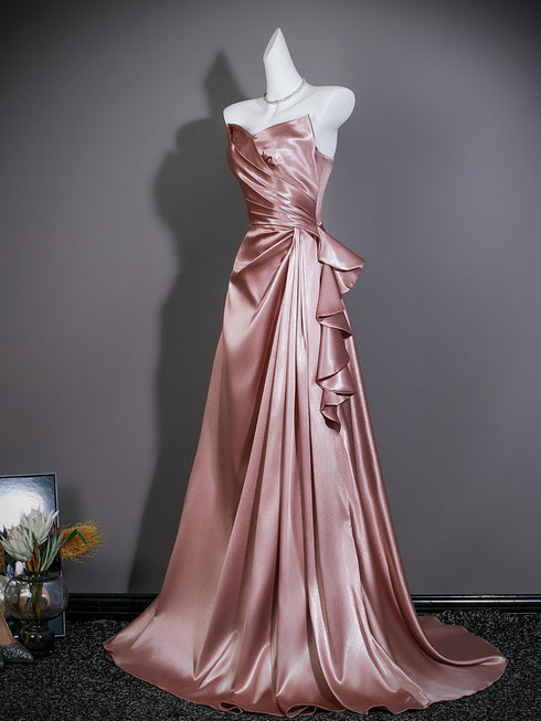 Pink Satin V-neckline A-line Long Formal Dress, Pink Off Shoulder Satin Evening Dress Prom Dress