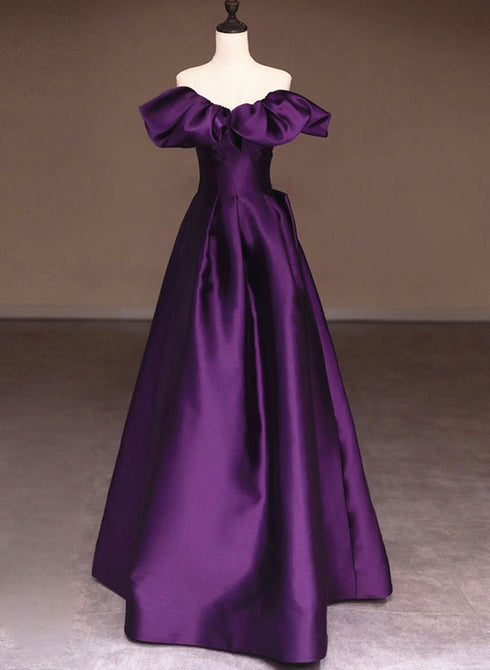 Purple Satin A-line Off Shoulder Long Evening Dress, Purple Satin Prom Dress
