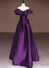 Purple Satin A-line Off Shoulder Long Evening Dress, Purple Satin Prom Dress