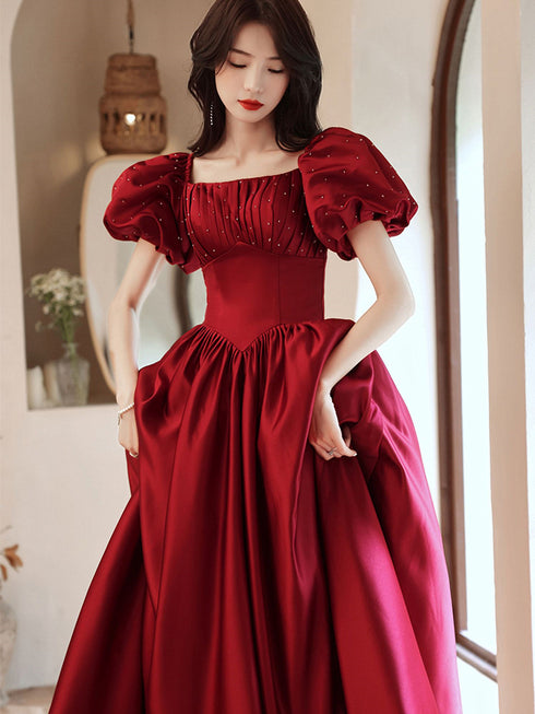 Wine Red A-line Beaded Short Sleeves Prom Dress, A-line Wine Red Long Formal Dress