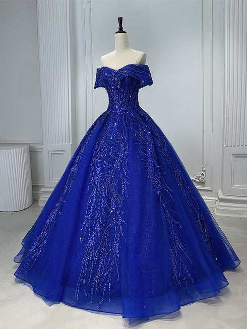 Blue Ball Gown Tulle and Beaded Long Formal Dress, Blue Tulle Sweet 16 Dress