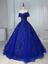 Blue Ball Gown Tulle and Beaded Long Formal Dress, Blue Tulle Sweet 16 Dress