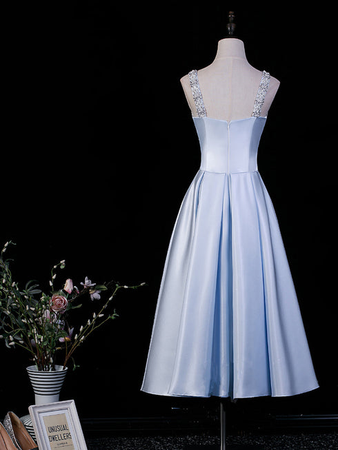 Light Blue Beaded Straps Tea Length Party Dress, Light Blue Wedding Party Dress Formal Dress