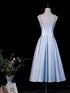 Light Blue Beaded Straps Tea Length Party Dress, Light Blue Wedding Party Dress Formal Dress