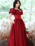 Wine Red A-line Beaded Short Sleeves Prom Dress, A-line Wine Red Long Formal Dress