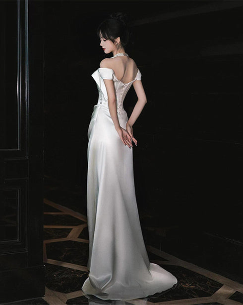 White Satin Mermaid Sweetheart Party Dress Prom Dress, White Satin Evening Dress