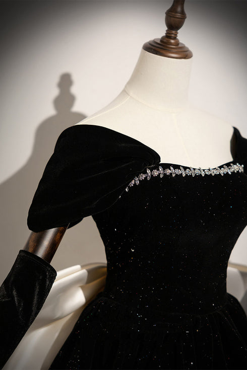 Sparkly Black Velvet A-Line Party Dress with Off-Shoulder Sleeves, Black Velvet Homecoming Dress