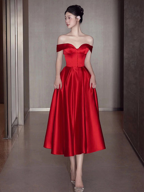 Red Sweetheart Off Shoulder Tea Length Formal Dress, Red Satin Formal Dress Homecoming Dress
