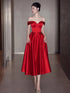 Red Sweetheart Off Shoulder Tea Length Formal Dress, Red Satin Formal Dress Homecoming Dress