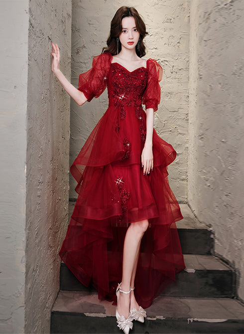 Wine Red High low Short Sleeves Homecoming Dress, Wine Red Short Prom Dress Formal Dress