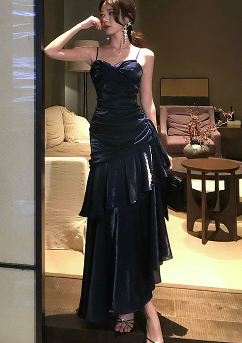 Navy Blue Mermaid Straps Sweetheart Long Evening Dress, Navy Blue Satin Prom Dress